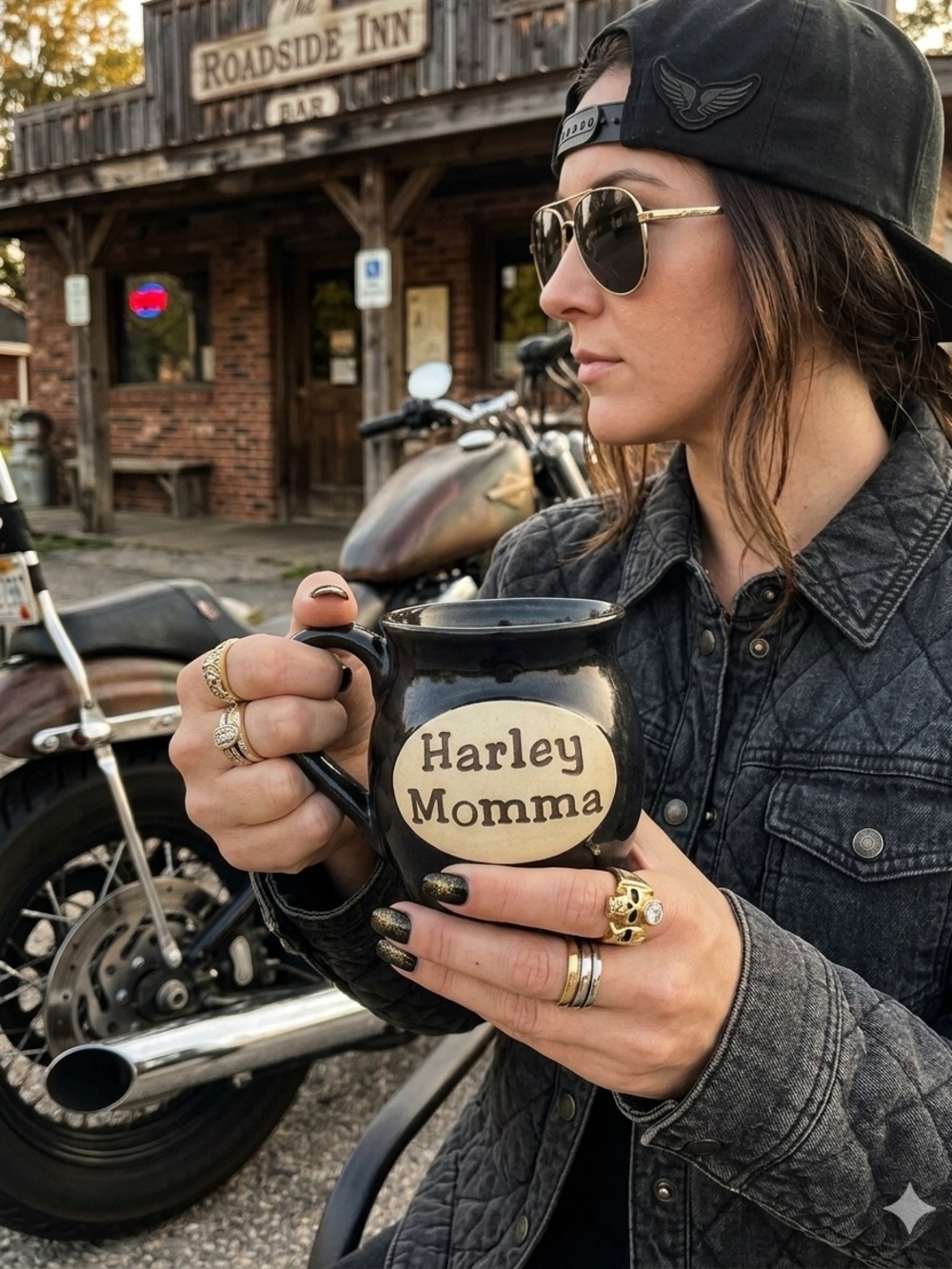 VTG Harley Momma Mug Black Glazed Ceramic Stoneware Pottery Biker Mama Cup